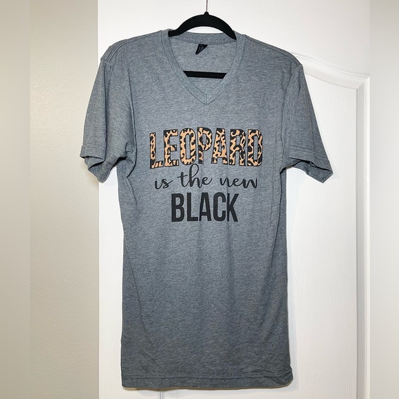 Tultex Grey V-Neck Women’s Shirt with Leopard Print Graphic - Picture 3 of 8